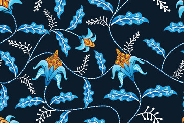 Seamless pattern with flower vector Illustration, Fantasy batik style