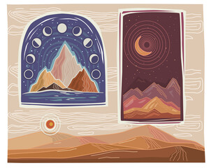 set of landscapes with mountains