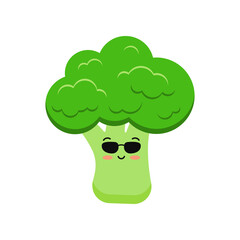 Sticker - Cute broccoli vegetable in sunglases cartoon kids icon isolated on white background. Healthy summer smile broccoli vegan emoticon. Fresh green vegetable chatacter mascot flat vector illustration.