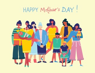 Wall Mural - Colorful vector illustration concepts of Happy Mother's day . Mothers with the children for greeting cards, posters and backgrounds