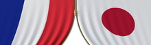 Flags Of France And Japan And Closing Or Opening Zipper Between Them. Political Negotiations Or Interaction Conceptual 3D Rendering