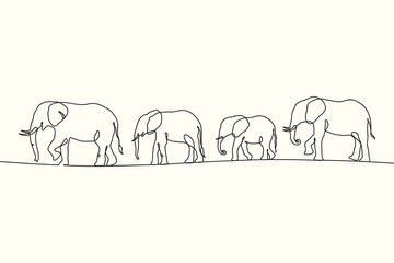 Sticker - Linear elephant herd. Animal family outline. Continuous single line