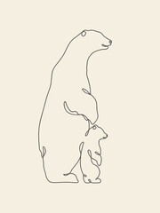 Poster - Bear family outline. Continuous single line. Linear animal contour