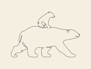 Poster - Bear family outline. Continuous single line. Linear animal contour