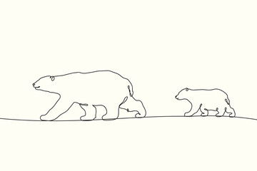 Poster - Walking bears. Linear animal family contour. Continuous single line