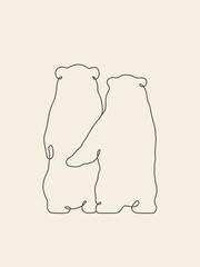 Sticker - Baby bears hug. Animal outline. Continuous line. Linear logo icon