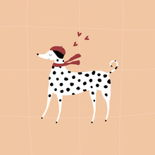 Cute Dalmatian In Red Beret And Red Scarf With Hearts. Funny Dog Vector Illustration.