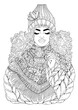 JPEG women with curly hairstyle, decorated patterned large scarf. Attractive fashion model in a warm knitted sweater holds a mug hot drink with eyes closed. Decorated illustration coloring page