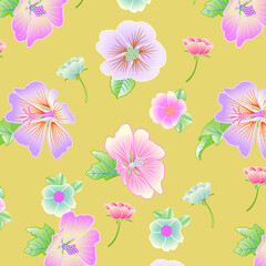 Wall Mural - Vector tropical pattern with hibiscus flowers and tropical leaves. Floral background 