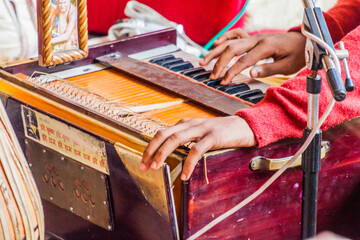 VRINDAVAN, INDIA - FEBRUARY 18, 2017: Pump organ in Krishna Balaram Mandir temple (Temple of ISKCON organisation) in Vrindavan, Uttar Pradesh state, India