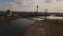 Drone Flight Over The Rhine Near The Old Town Of Düsseldorf