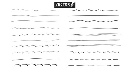 Hand-drawn doodle lines. A set of different monochrome thin stripes sketch. Vector design elements isolated background.