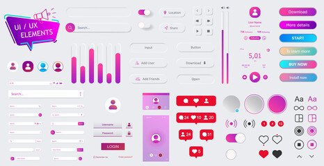 White UI, UX, Kit and Web elements for design App, dashboard and programs. Universal user interface elements, detailed and with shadows - buttons, bars, switches, search and other. Vector UI UX set