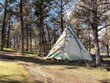 A teepee on a hill by a path through the trees in a campground on a sunny day.