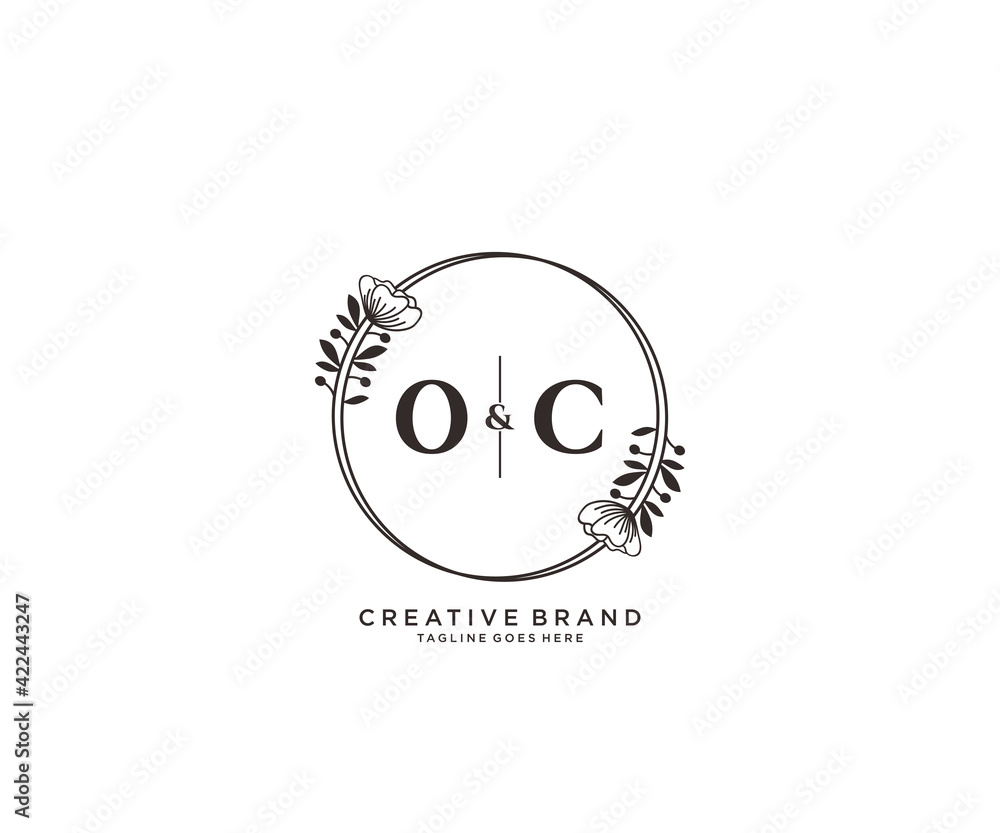 initial OC letters hand drawn feminine and floral botanical logo ...