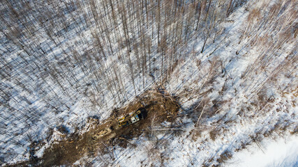 a tractor with machines in a forest in winter for cutting trees