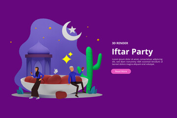 Wall Mural - 3d render Iftar Eating After Fasting party concept. Moslem family dinner on Ramadan Kareem or celebrating Eid with people character. web landing page template, presentation, social or print media