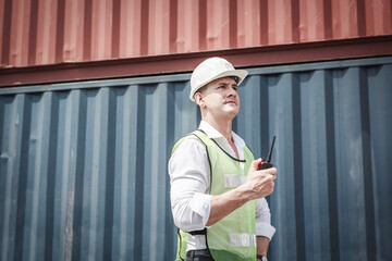 Wall Mural - Logistic Container Shipping Engineer in Safety Protective Working at Cargo Shipyard. Transport Engineer Man Inspection Containers Import-Export Freight at Dock Ship. Industrial Transportation and Port