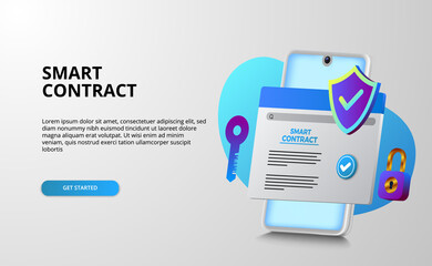 Wall Mural - Digital smart contract for electronic sign document agreement security, finance, legal corporate. mobile web document with shield, key, and padlock for security and protection