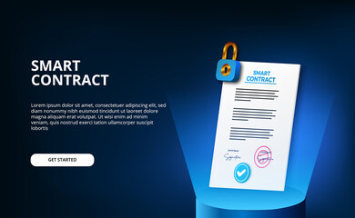 Wall Mural - Digital smart contract for electronic sign document agreement security, finance, legal corporate. paper certificate with padlock cylinder podium stage