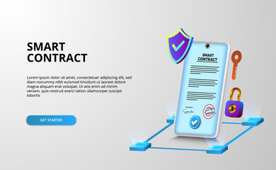 Wall Mural - Digital smart contract for electronic sign document agreement security, finance, legal corporate. digital phone security with shield and padlock security protection