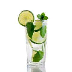 Wall Mural - Fresh homemade mojito cocktail in a tall glass with lime, mint and ice isolated on white background