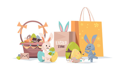 cute rabbits with decorated eggs basket and shopping bags happy easter spring holiday composition