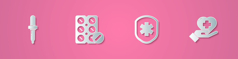 Poster - Set paper cut Pipette, Pills in blister pack, Medical shield with cross and Heart icon. Paper art style. Vector