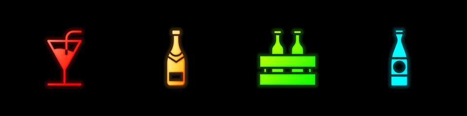 Sticker - Set Cocktail, Champagne bottle, Pack of beer bottles and Beer icon. Vector