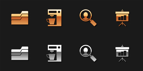 Sticker - Set Document folder, Coffee machine, Magnifying glass for search people and Chalkboard with diagram icon. Vector