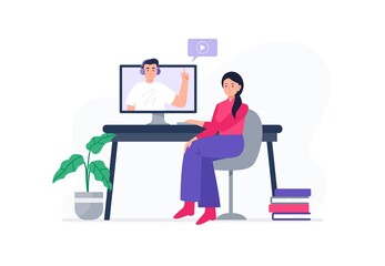 A woman watches an online lesson at home. Banner or background for a site with a distance education theme. Vector flat illustration.