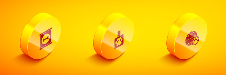 Poster - Set Isometric Canned food, Pet shampoo and World pet icon. Vector