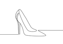 High Heel Trendy Line Art Drawing. Women's Shoe Minimalistic Black Lines Drawing. Female Elegant Shoe Continuous One Line Abstract Illustration. Vector EPS 10