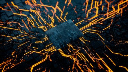 Advanced Technology Concept with Microchip. Orange Neon Data flows from the CPU across a Futuristic Motherboard. 3D render.