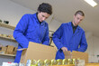 factory workers packing tins into box