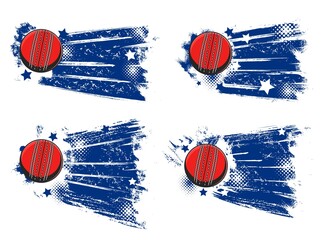Wall Mural - Cricket ball banners, sport tournament and championship vector halftone backgrounds. Cricket ball flying and hitting goal with stars and paint splash, club and team league emblems, blue badges