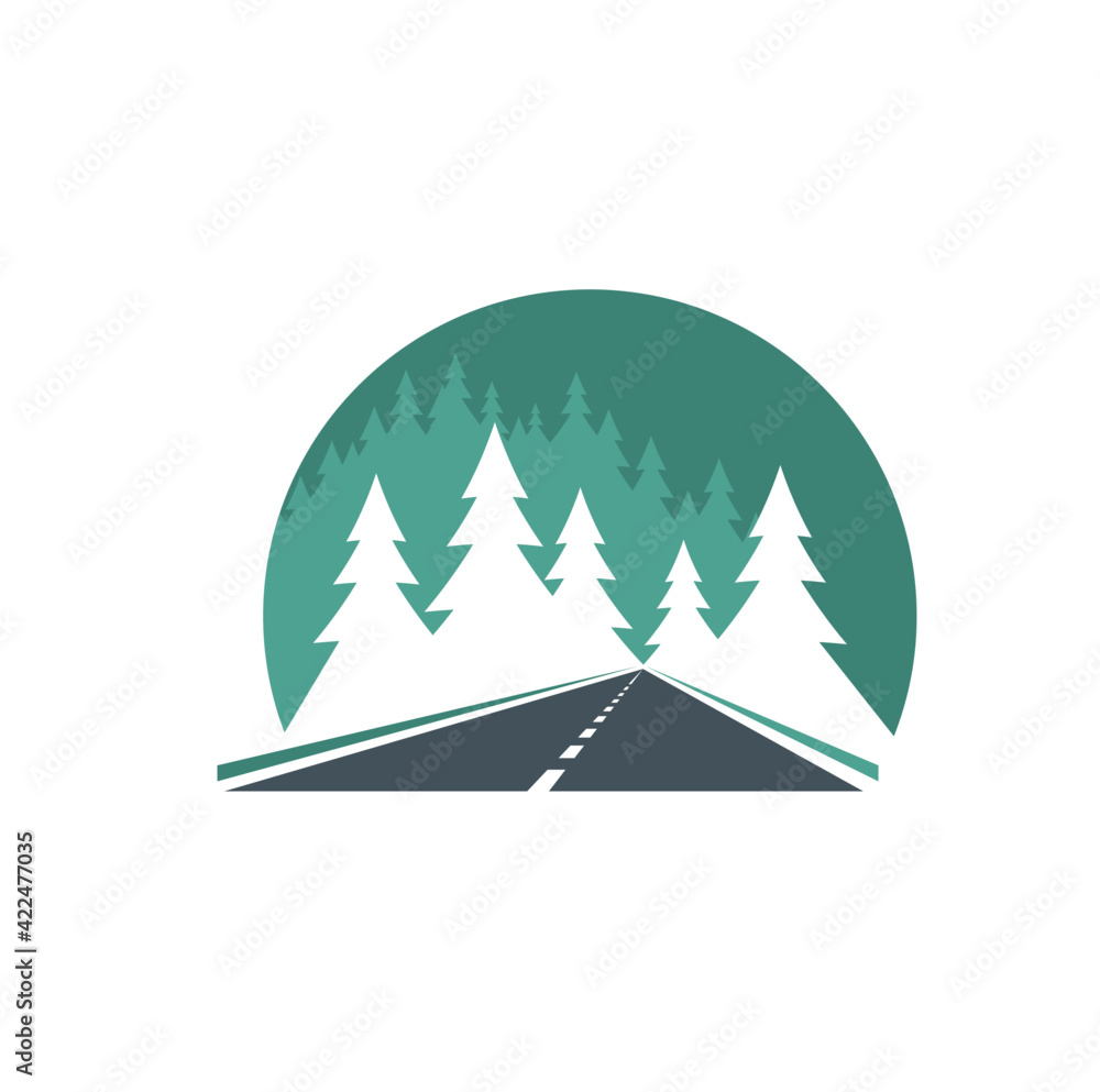 Road icon, highway in green forest, way or traffic route, vector. Road in forest sign for transport pathway drive and street journey, travel, tourism and highway construction symbol - obrazy, fototapety, plakaty 