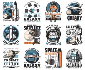 Wall Mural - galaxy exploration vector icons. astronaut, rocket in outer space, cosmos explore shuttles expeditio