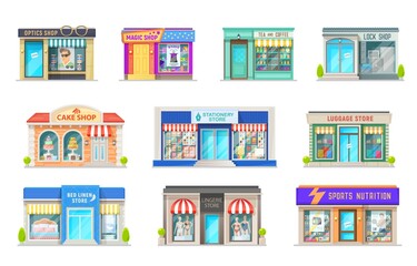 Sticker - Shop, store and street market building cartoon vector icons of retail business property. Isolated house exteriors with storefront glass windows, vintage awnings and signboards, commercial real estate