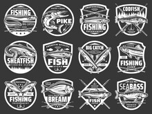 Fishing Vector Icons With Sea Eel, Pike And Hake, Horse Mackerel, Gilt Head Bream, Anchovy And Tuna Fish. Fisherman Tournament. Ocean Fishing, Rods Or Spinning With Hooks And Floaters Vintage Labels