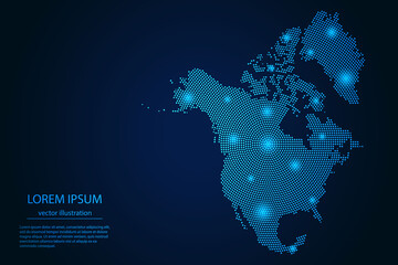 Wall Mural - Abstract image North America map from point blue and glowing stars on a dark background. Vector Illustration.