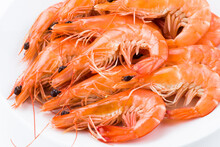 Close-up Of Fresh Boiled Shrimp Isolated On White Background