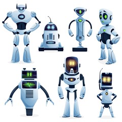 Aufkleber - Robot and artificial intelligence bot cartoon characters. Vector ai robots, androids, cyborgs and droids with humanoid bodies, cute computer faces and mechanical manipulator arms, antennas, headphones