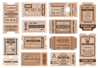 Retro tickets in historical museum exposition. Excursion access pass, museum entrance vintage admission ticket and event invite card vector templates with ancient columns, typography and perforation