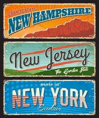 Wall Mural - USA travel and tourism vector rusty metal signboards with New York, New Jersey and New Hampshire American states. Garden, granite and empire states of America, tin banners with stars and stripes flag