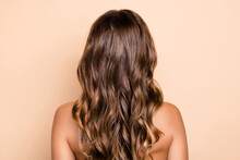 Back View Photo Of Young Girl Woman With Long Wavy Brown Silky Hair Wear No Clothes Isolated On Beige Color Background