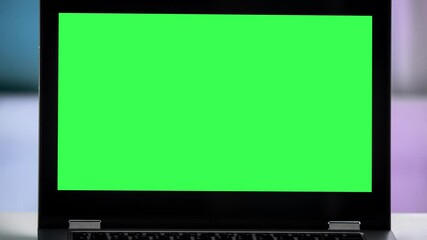 Aufkleber - Working in the evening. Laptop with green screen. Zoom in. Template for keying 