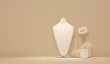 Bust Showcase Jewelry Display For Necklace Pendant In A Cream Background. Stand Holder. Beige Color Mannequin Jewelry Stand. Trendy 3d Render For Social Media Banners, Promotion, Presentation, Picture