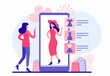 © Дмитрий Муску - Woman trying clothes in web application illustration. Female character chooses red dress and hat from online store and virtually dresses them.