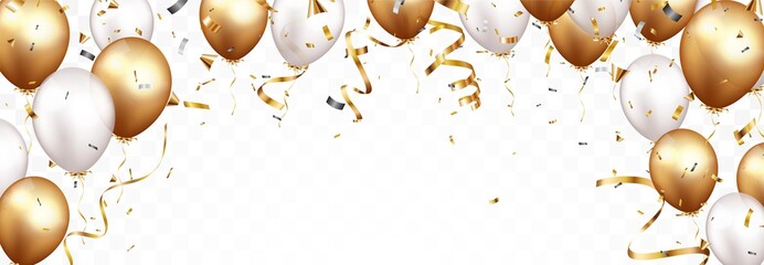 Wall Mural - Celebration banner with gold confetti and balloons, isolated on transparent backgroound